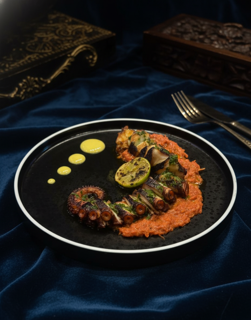 Grilled octopus with herbs and spices at Secret Tide beachfront seafood restaurant in Tangalle