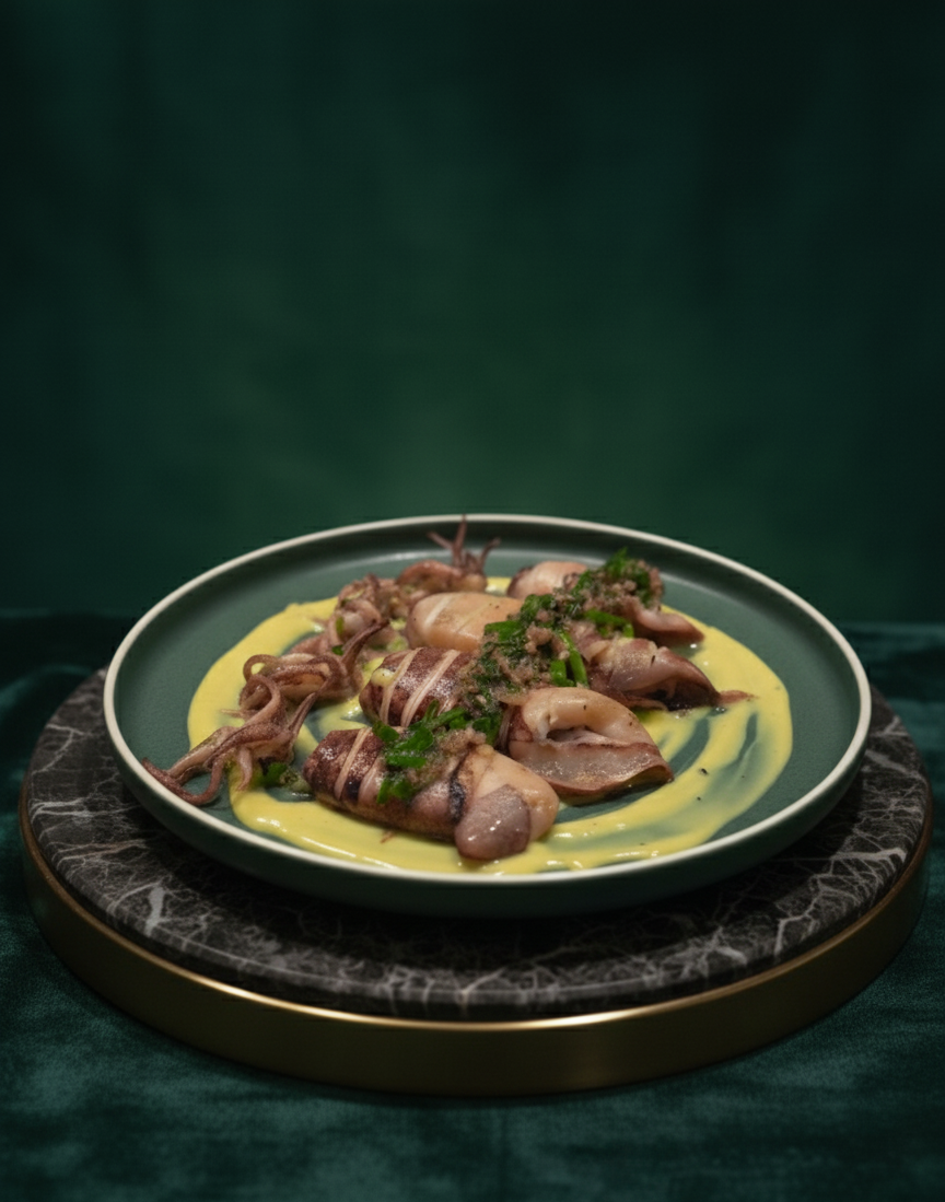 Fresh grilled squid with garlic butter at Secret Tide beach restaurant in Tangalle