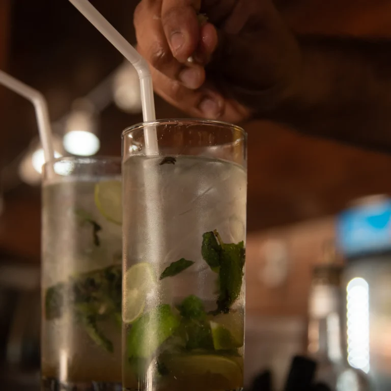 Two fresh mojito cocktails with mint and lime at Secret Tide beach bar in Tangalle