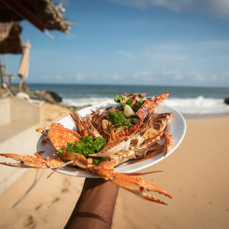 Hands holding Secret Tide's seafood platter with ocean view in Tangalle, Sri Lanka
